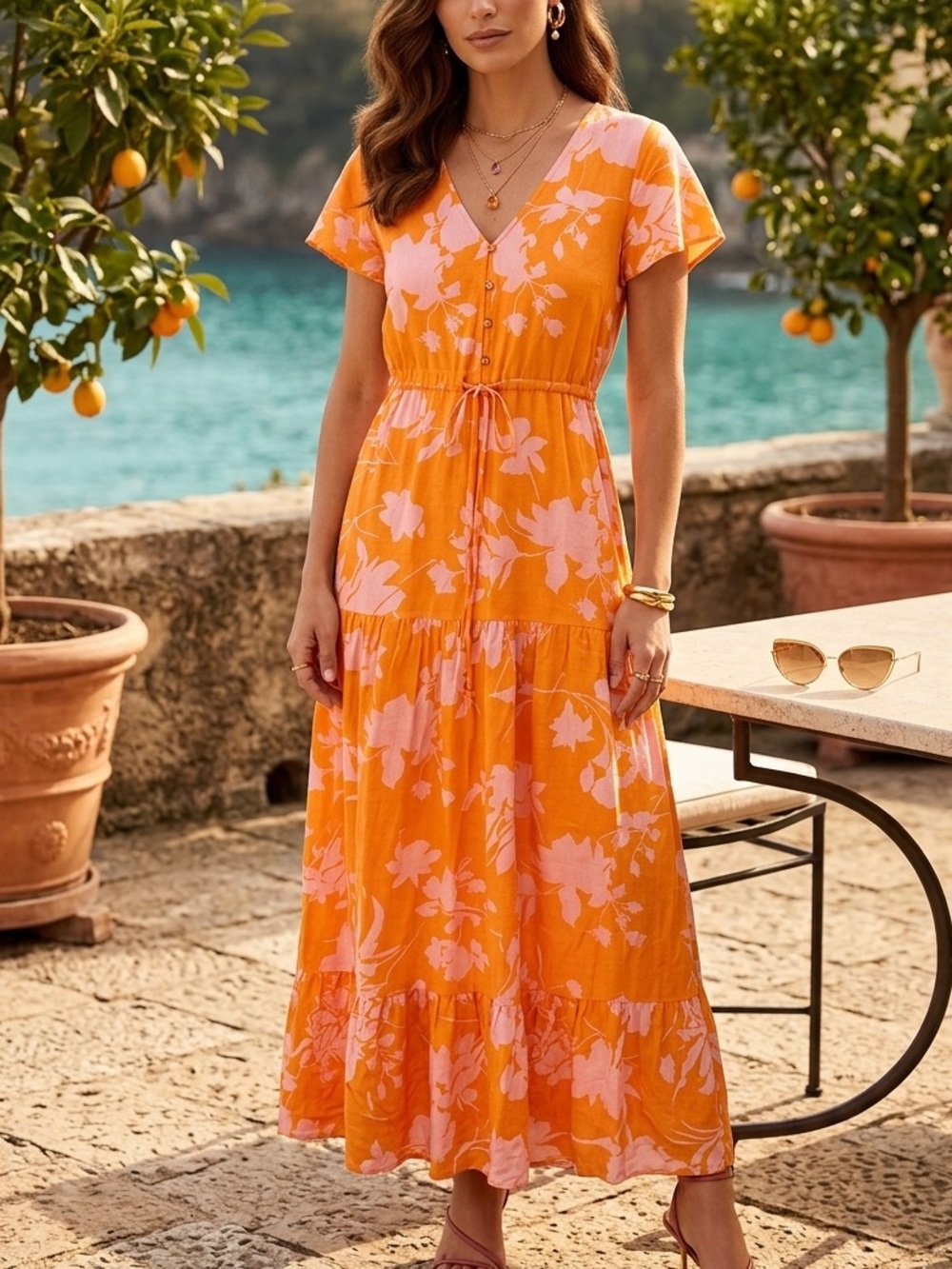 C+D+M Collection Orange Pink Floral Tiered‎ Maxi Dress Flutter Sleeve Small